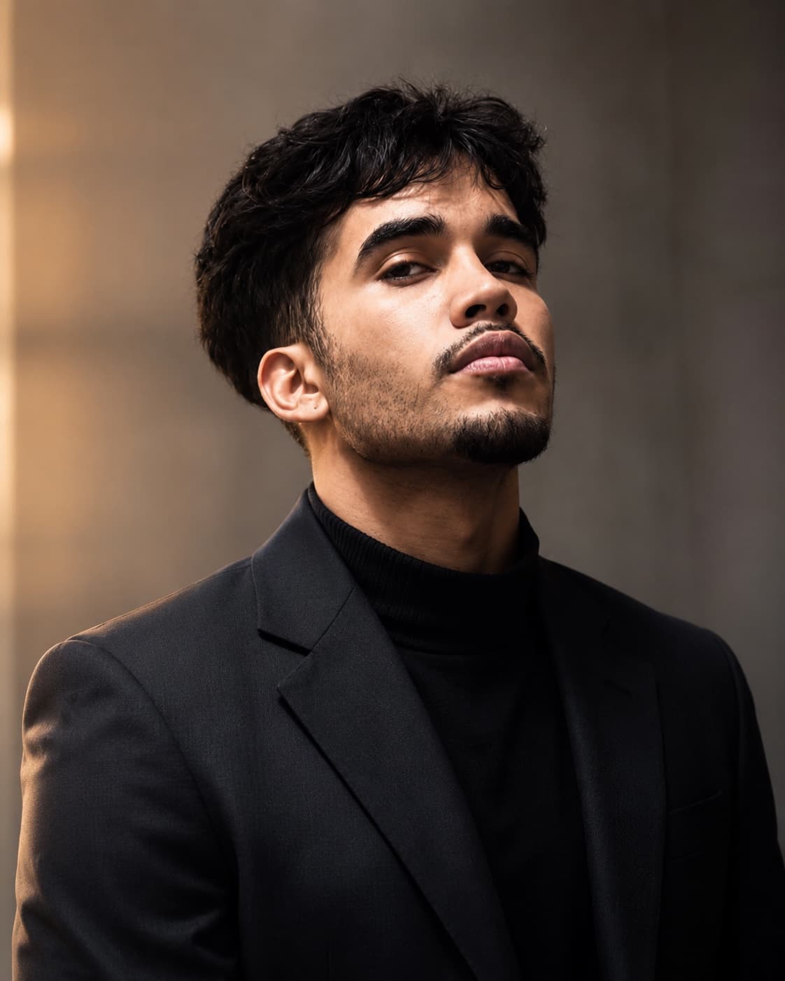 Kevin Santana usando terno preto em retrato profissional